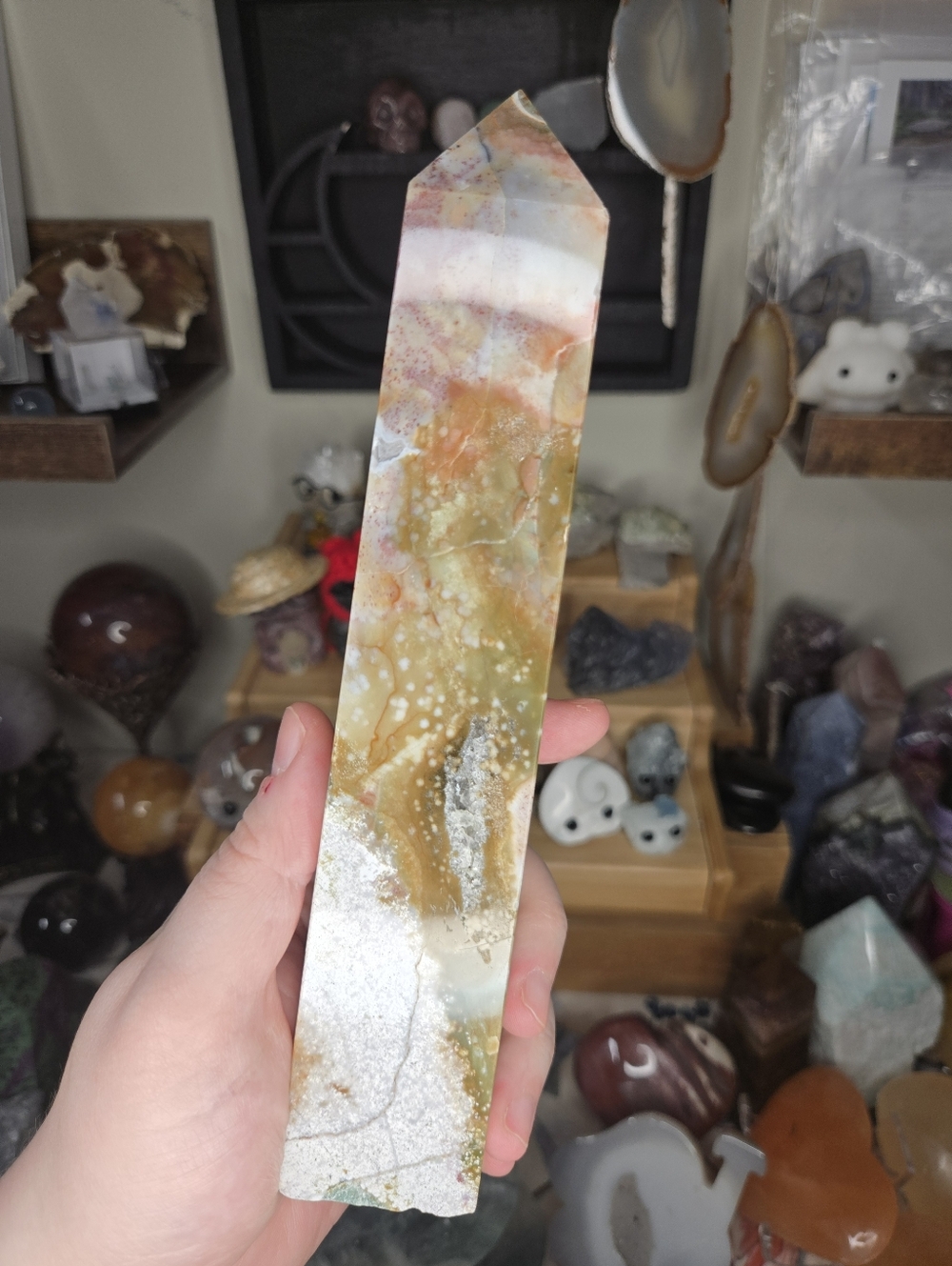 Large Pink White Ocean Jasper Crystal Point Tower